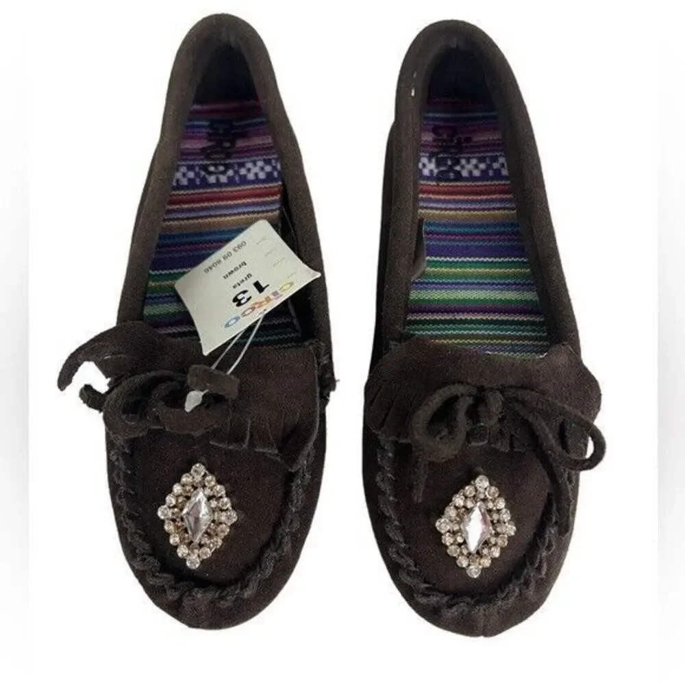 Circo Girls Boho Brown Suede Fringed Rhinestone Moccasins Shoes Size 13 NWT
